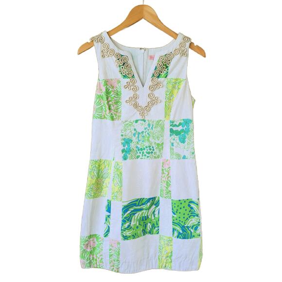 Lilly Pulitzer Janice Mini Dress Size 2 Gold Lace Lioness Patchwork - Picture 8 of 10